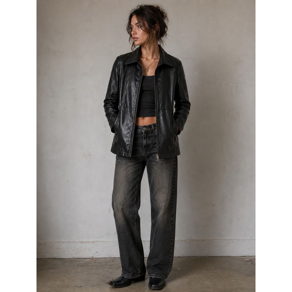 Wilsons Leather‎ Black Genuine Leather Car Coat Jacket Large Y2K Minimalist